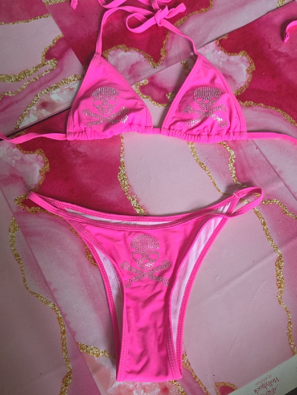 Hot Pink Rhinestone Skull Bikini Set